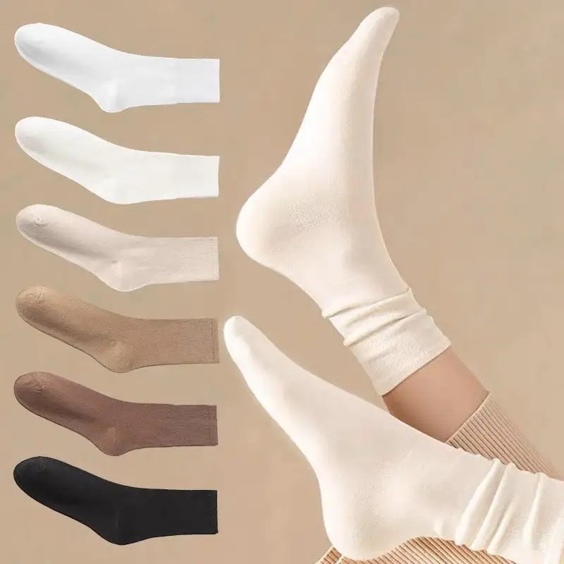 3/6/12 Pairs Of Women's Spring Or Summer Solid Colors Simple And Comfortable Mid Tube Socks Khaki Gradient Color