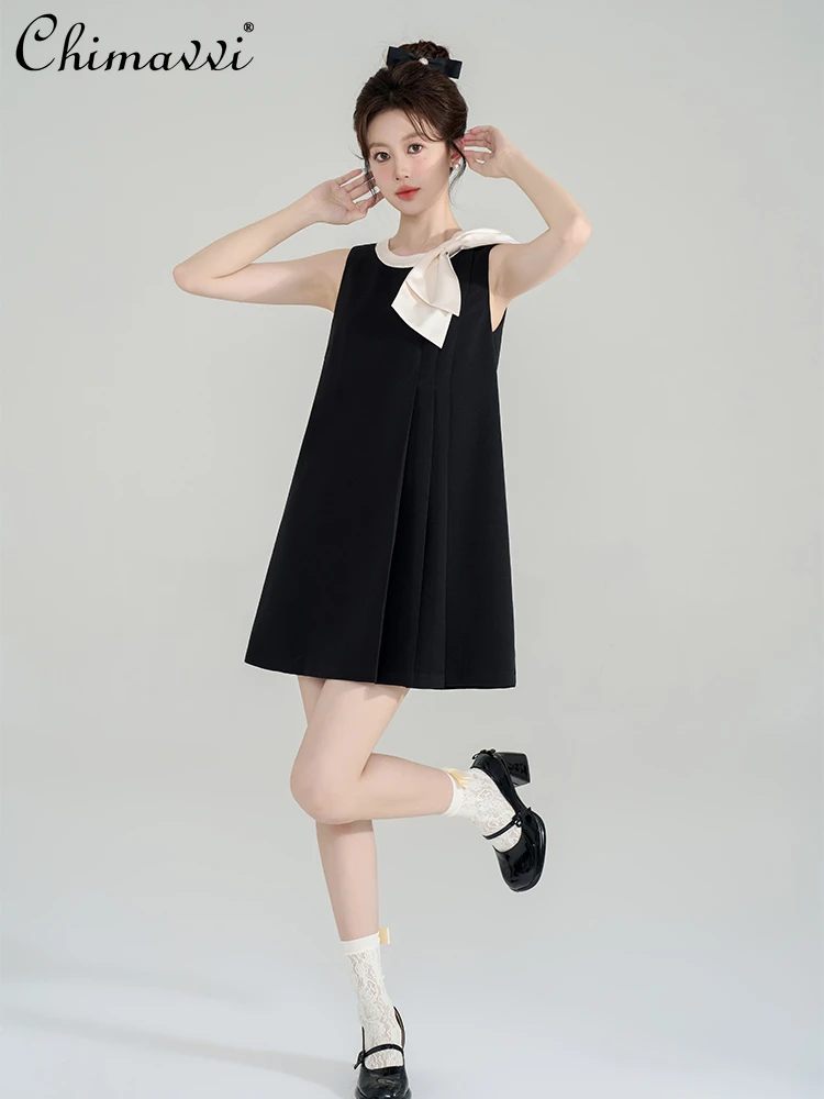 

French Hepburn Style Bowknot Halter Sleeveless Round Neck Loose Waist A-line Straight Black Princess Short Dress Women Summer