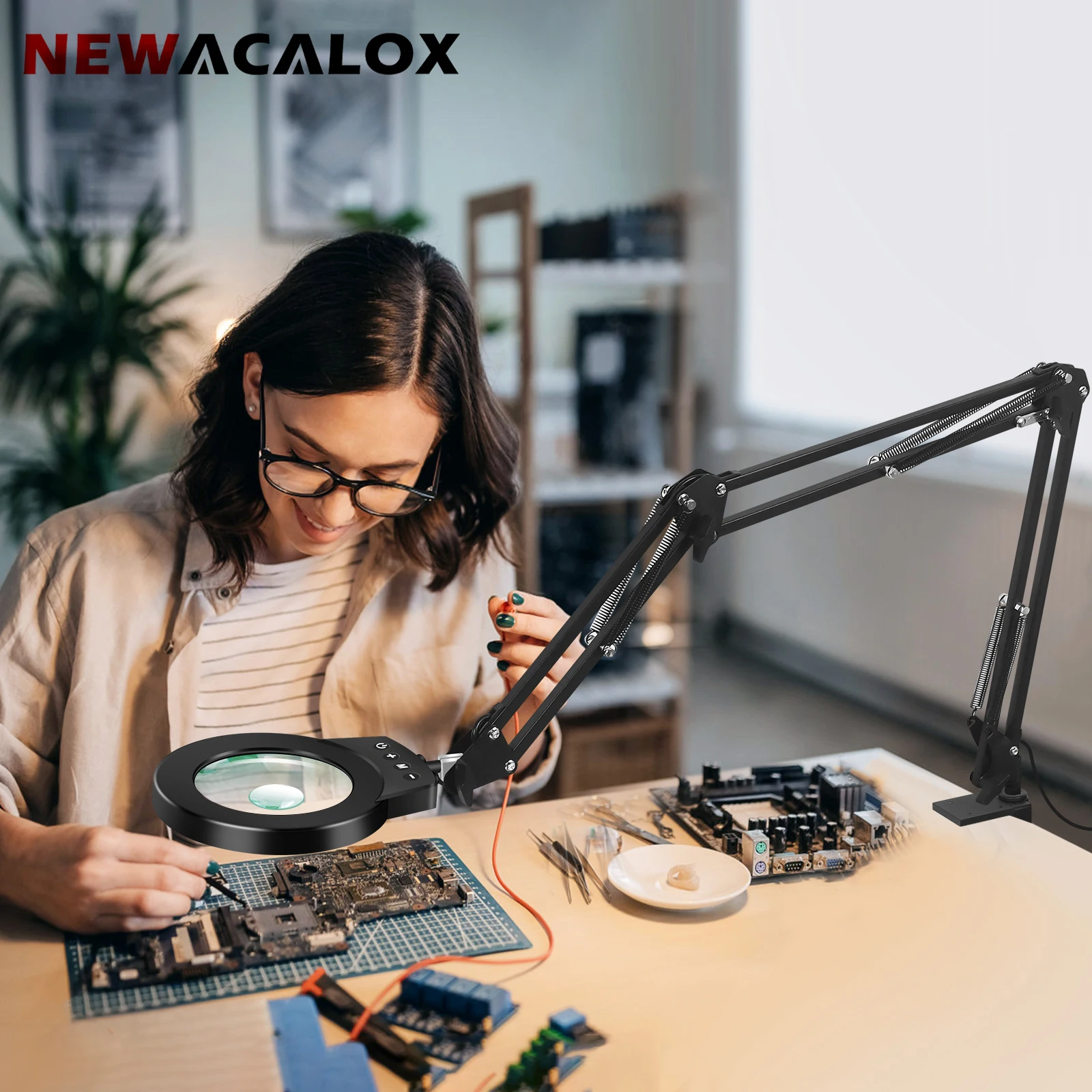 NEWACALOX  5 Colors Illuminated Magnifying Glass10X/5X Magnifier Touch Control Table Lamp for Soldering Close Work RepairingTool