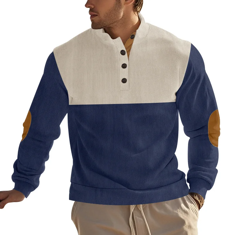 Cross-border Menswear New American Button Half-open Stand-up Collar Color Matching Heavy Spring and Autumn Men's Sweater