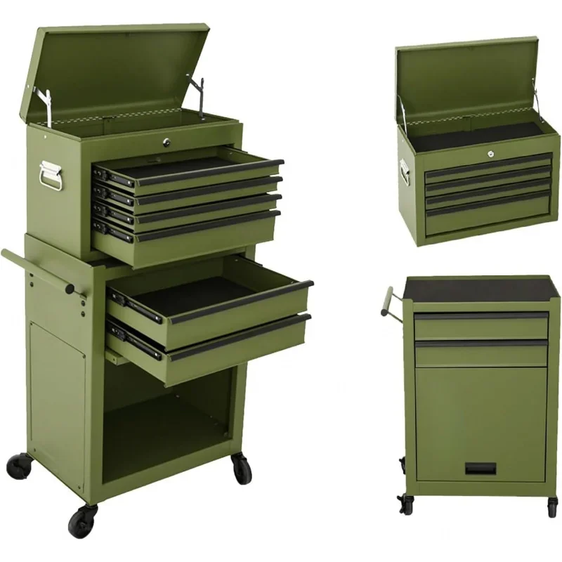 6 Drawer Rolling Toolbox:Large Capacity Two-in-One Removable Tool Cabinet,with Lockable Wheels and Safety System,Green