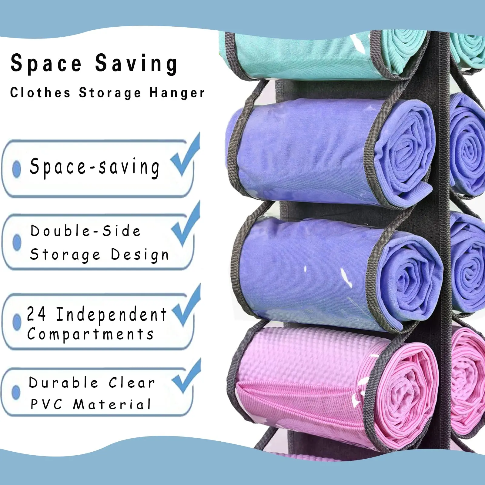 Shirt Organizer Leggings Storage Bag with 24 Compartments, T Shirts Organizer Over The Door, Space Saver Hanging Bags for Closet