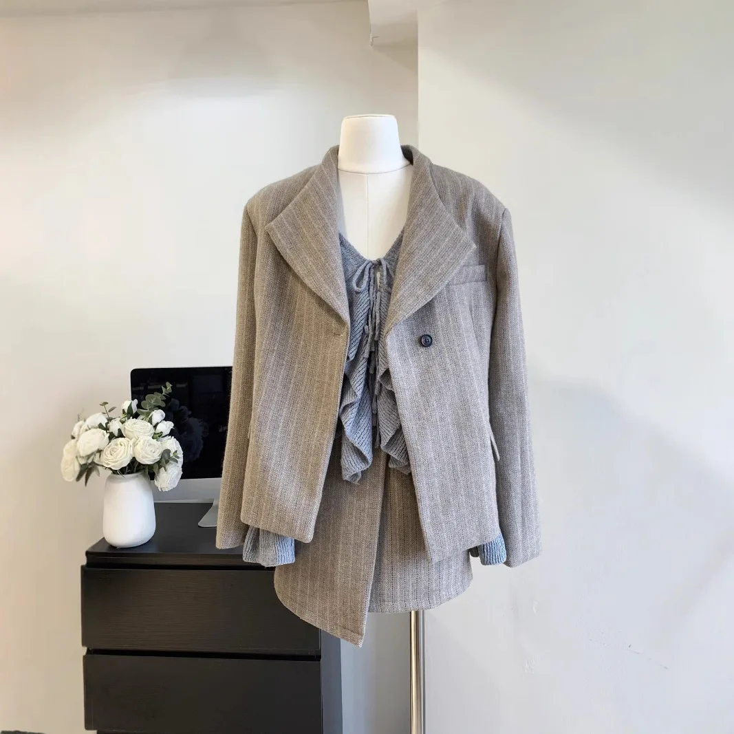 Gray striped blazer two piece skirt set women Women's suit set Skirt two piece set  Women's suit Korea Sets