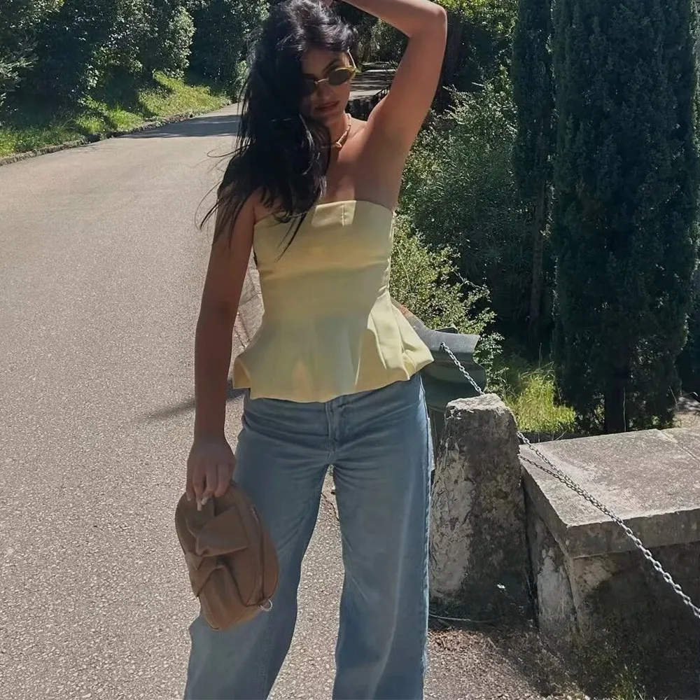KONDALA Sexy Butter Yellow Cami Ruffles Tube Top Women Fashion 2025 Summer Strapless Y2K Girl Streetwear Tops Holiday Party Tops image 3