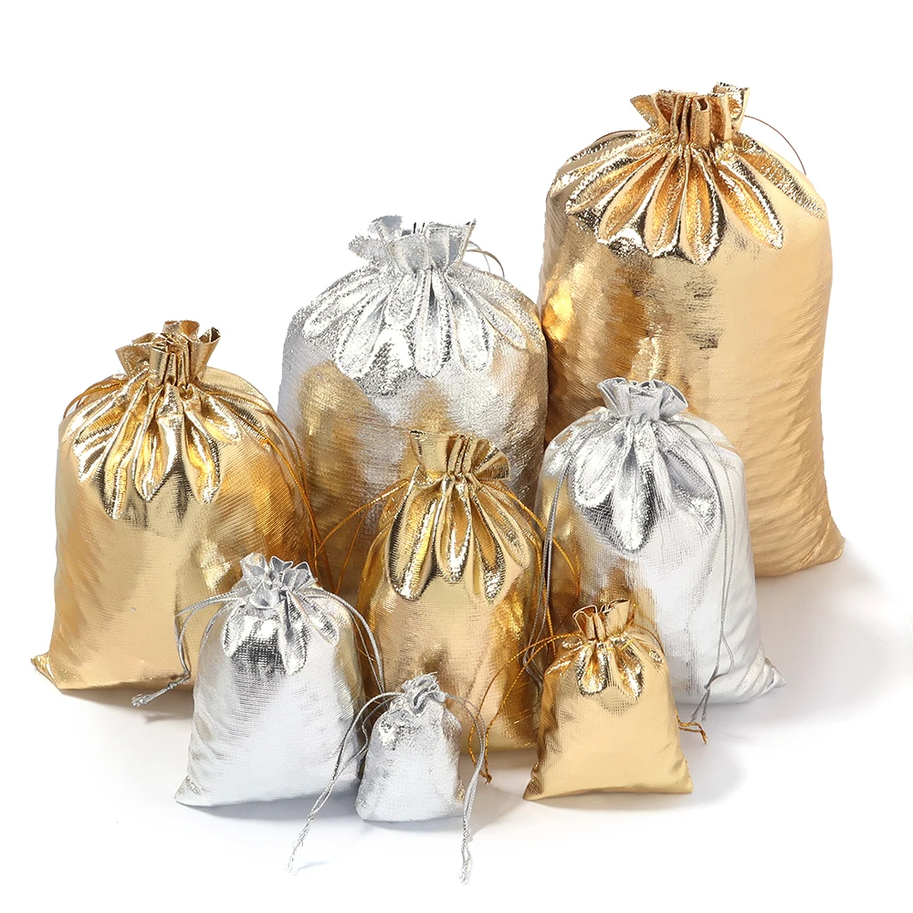 5/10pcs Multi-size Adjustable Jewelry Packing Fabric Bag Gold Silver Colors Drawstring Wedding Storage Pouches
