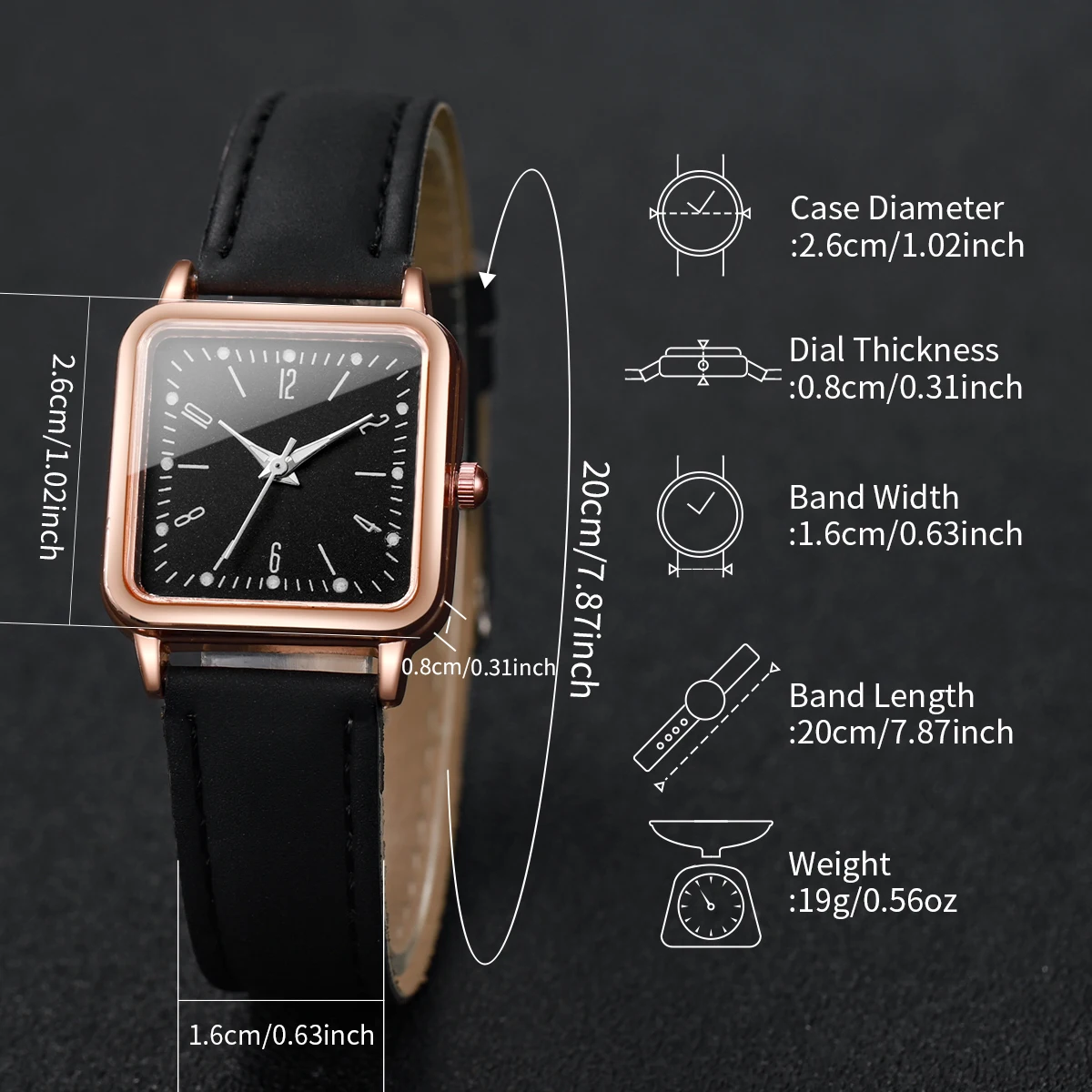 6PCS/Set Women\'s Watches Fashion Square Leather Band Quartz Watch Heart Bracelets Set(Without Box)