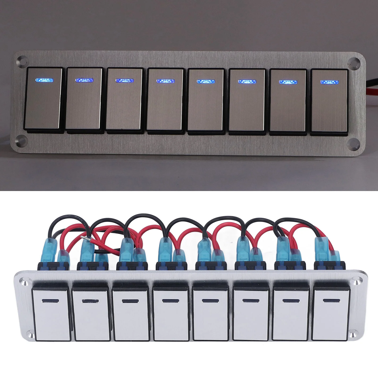 Rocker Switch Panel 8 Gang 3 Pin LED Single Blue Light Indicate Toggle On Off Switch Panel 12‑24V