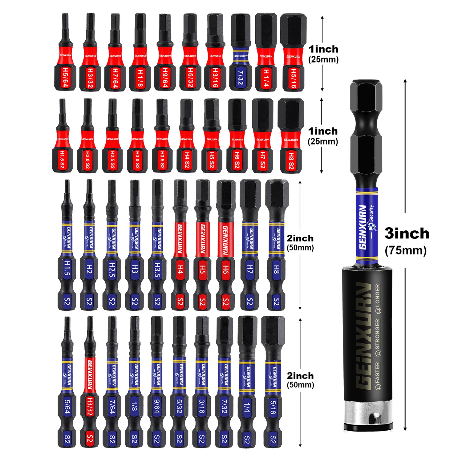 Geinxurn 1/2 Inci Multi Hex Head (Metrik & SAE) Set Bit Sisipan, Set Bit Obeng Hex Baja S2 dengan Alas