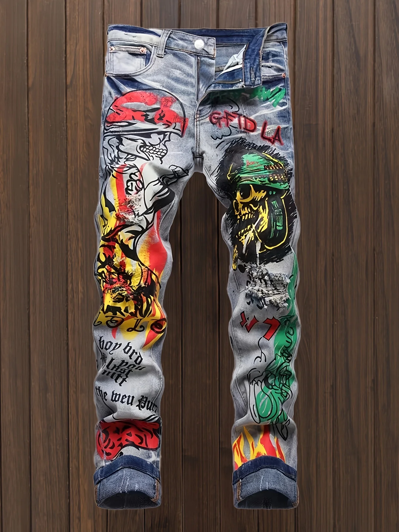 New foreign trade style jeans Mens Distressed Punk Doodle Jeans  Fashion Forward Graffiti Pattern Slim Fit Hip Hop Streetwear