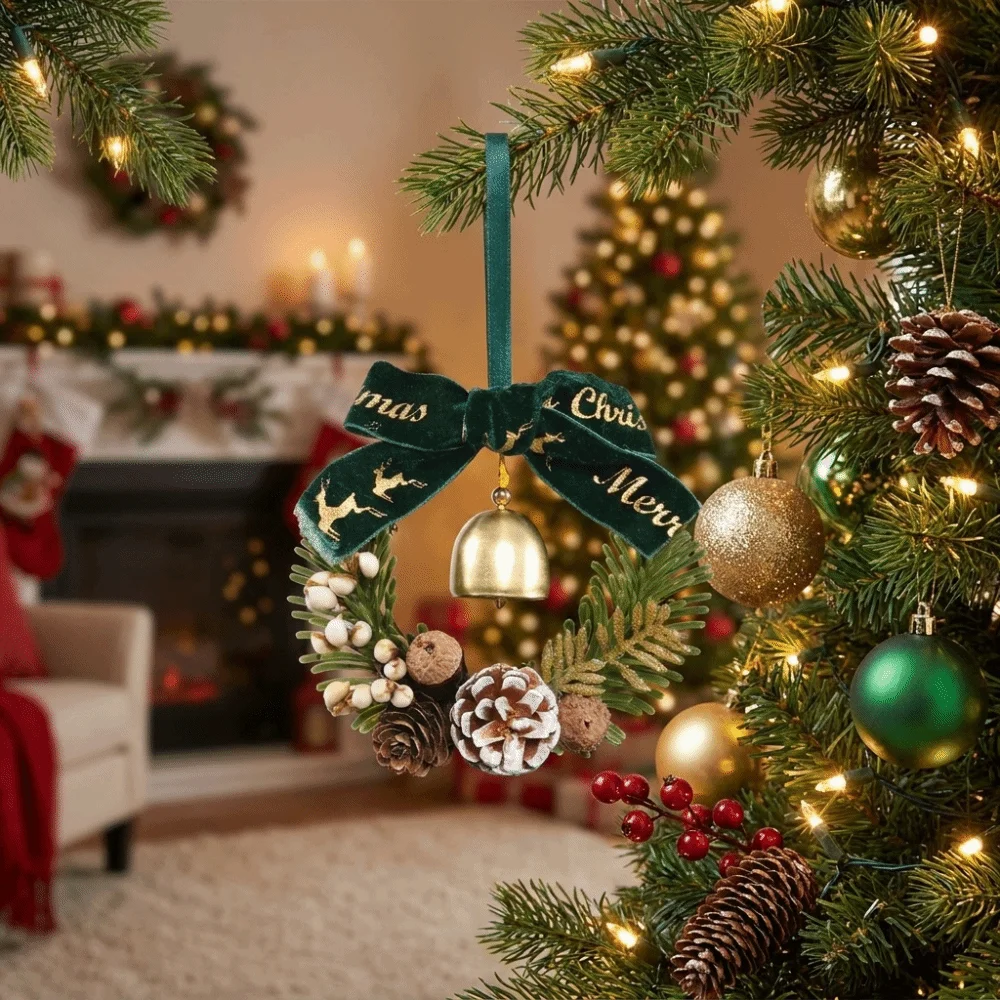 Velvet Bow Christmas Wreath Pine Cones Metal Bell Door Garland Artificial Greenery Branch Ring Xmas Tree Hanging Ornaments Wall