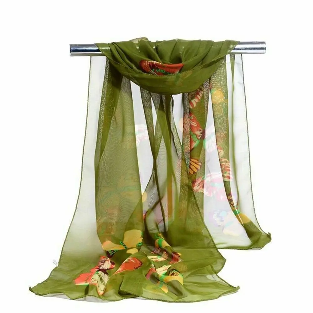 Hot Sale Soft Wrap Fashion Shawl Silk Long Chiffon Scarf Butterfly Flower Print