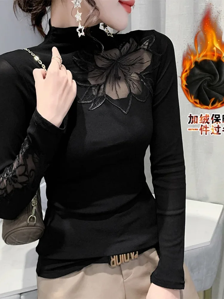 

Winsleter Streetwear Tshirt Long Sleeve Tees Women Sexy Thicken Fleece Crochet Lace Slim Mesh Tops Autumn Winter T30846JM