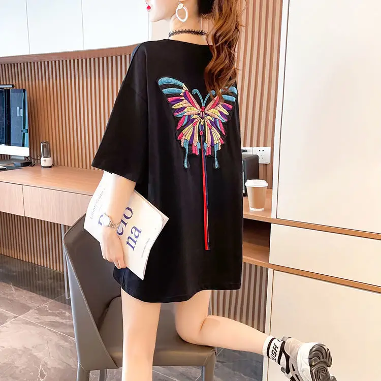 

2022 summer T Shirt Women butterfly Sequined T-shirt V-neck Women Tops Tee Shirt Femme New Arrivals Hot Sale Casual S-3XL