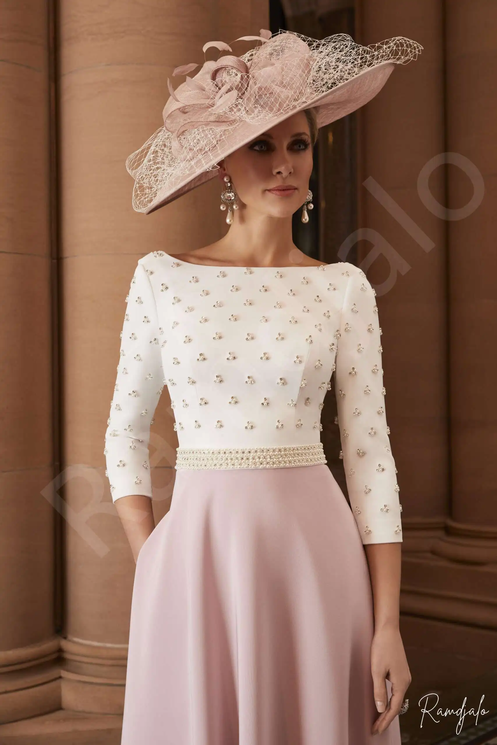 Customized Tea-Length Mother of the Bride Dress with Pearls Bodice and 3/4 Sleeves Pocket Two Tone Elegant Wedding Guest Outfit