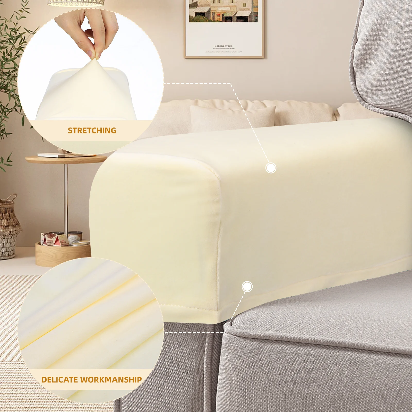 

2Pcs Universal Sofa Armrest Protector Simple Style Machine Washable Cover for Couch Armrests Sturdy Polyester Beige Design