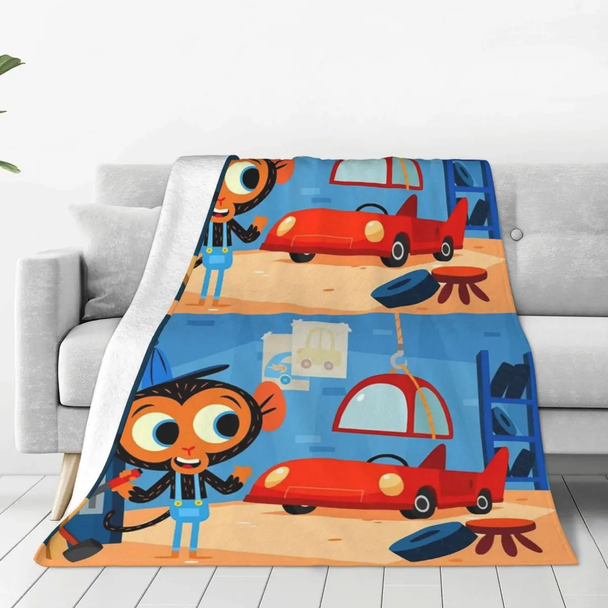 Mr.Monkey Fixing A Red Car Blanket Fleece Multi-function Sofa Throw Blankets For Home Bedroom Travel Throws Bedspread Quilt