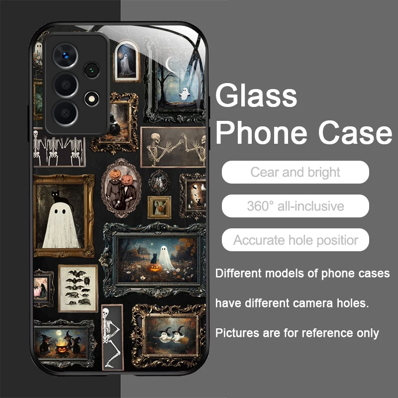 愛らしい小さな幽霊のデザインのクリエイティブな強化ガラス製スマホケース、Samsung Galaxy S25 Ultra、S24、S23 Plus、S22、S21、S20 FE、M55対応ハードカバー