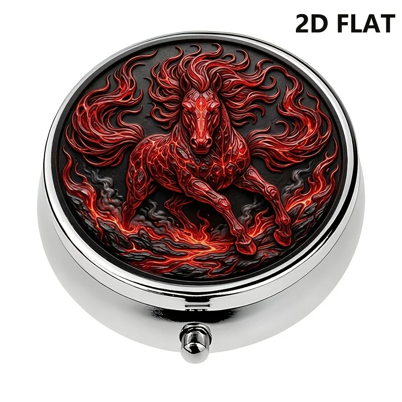 Single-piece packaging, flame horse theme, mythical style, portable travel model, portable pill and vitamin storage box, suitable for both travel and daily use, flat printing, flat pattern