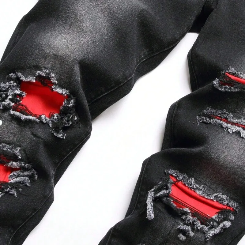 2025 خريف جديد جينز سترتش عصري ممزق المرقعة سليم السراويل الأوروبية الأمريكية الذكور الطلاء نقطة الهيب هوب سراويل جينز