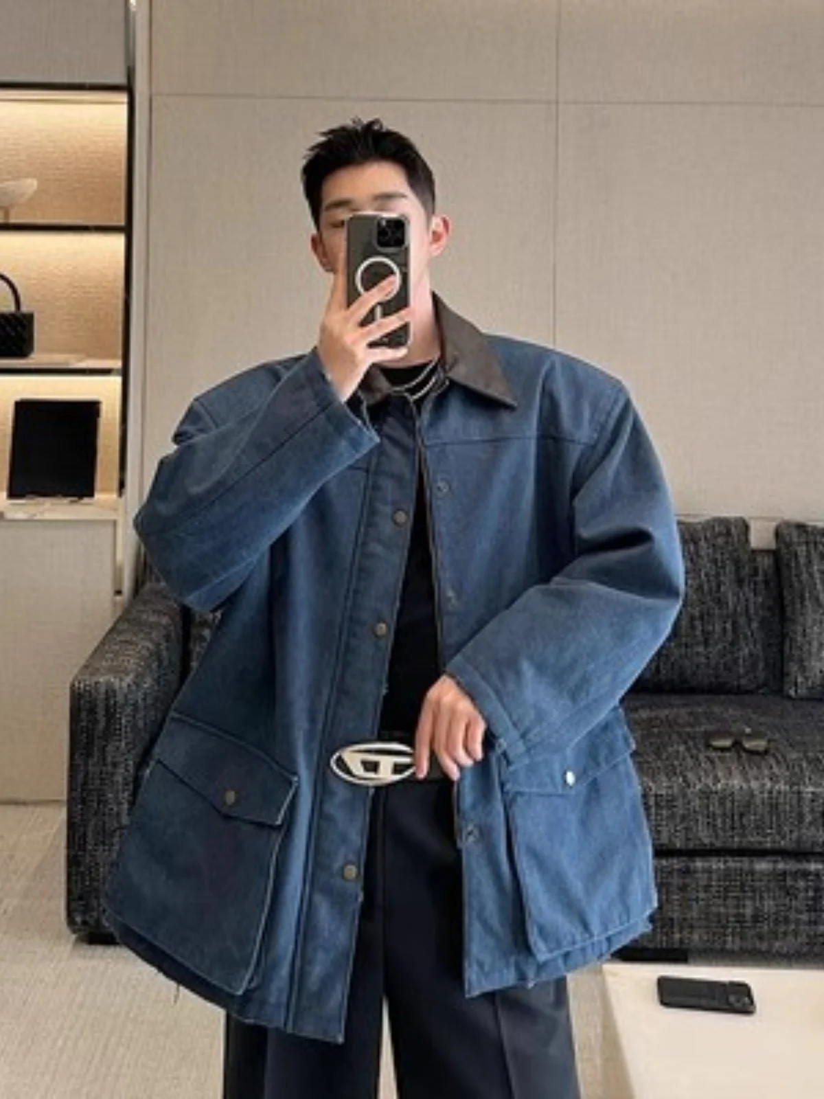 

Мужская демисезонная куртка свободного кроя из канваса с кожаными вставками, молодежная модная верхняя одежда в стиле рабочей одежды