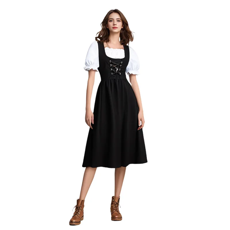 Medieval Renaissance women's drawstring, high waisted, slim fitting bow, contrasting color performance dress, large swing skirt