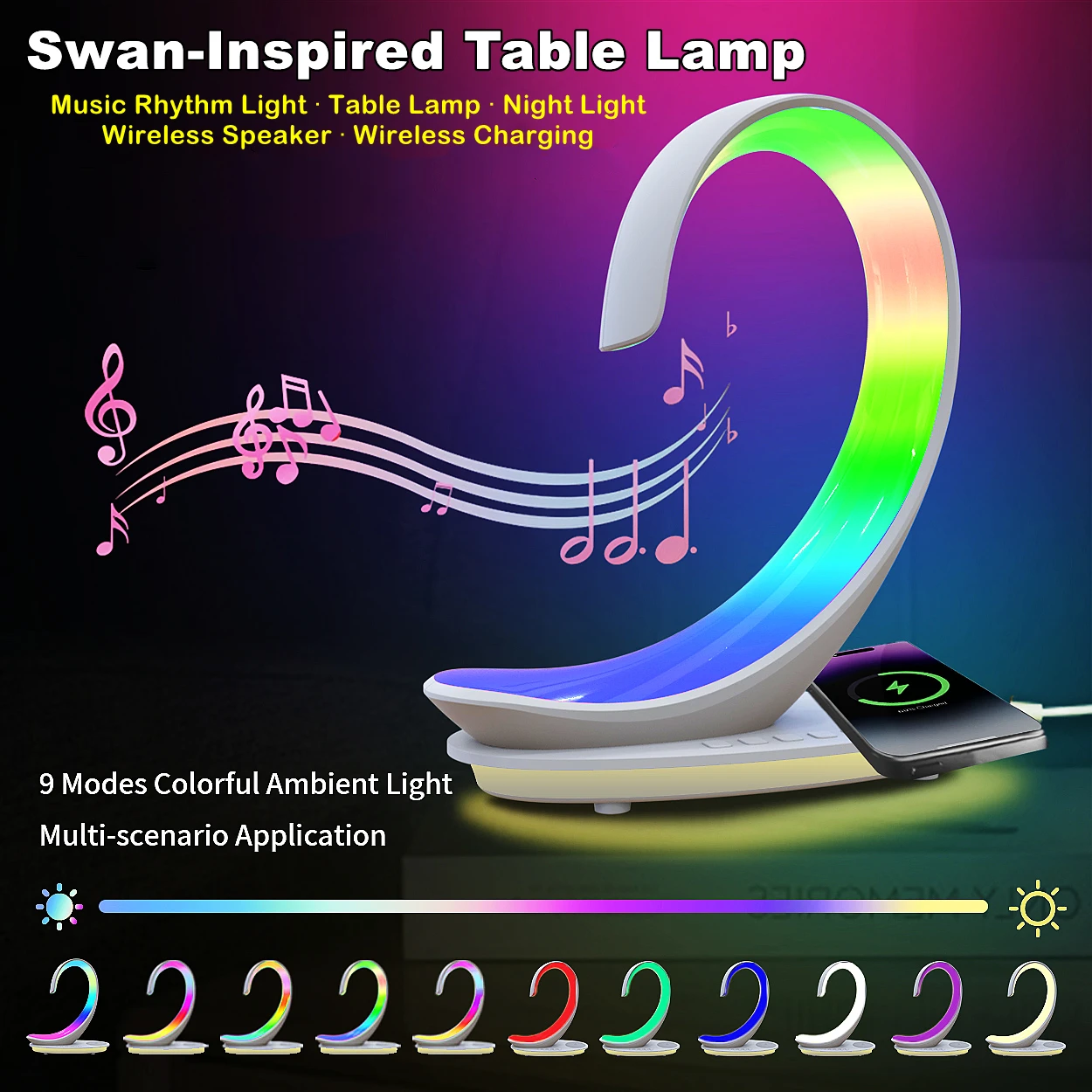 โคมไฟตั้งโต๊ะดนตรีรูปหงส์, โคมไฟข้างเตียงพร้อมไฟหลากสี, การชาร์จแบบไร้สาย, ไฟกลางคืนขนาดเล็ก, ลำโพงในตัว