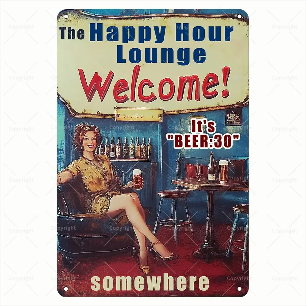 Vintage Tin Sign - The Happy Hour Lounge It;s Beer:30 Somewhere Pin-Up Girl Retro Metal Sign - Humorous Tin Sign for Bar/Lounge