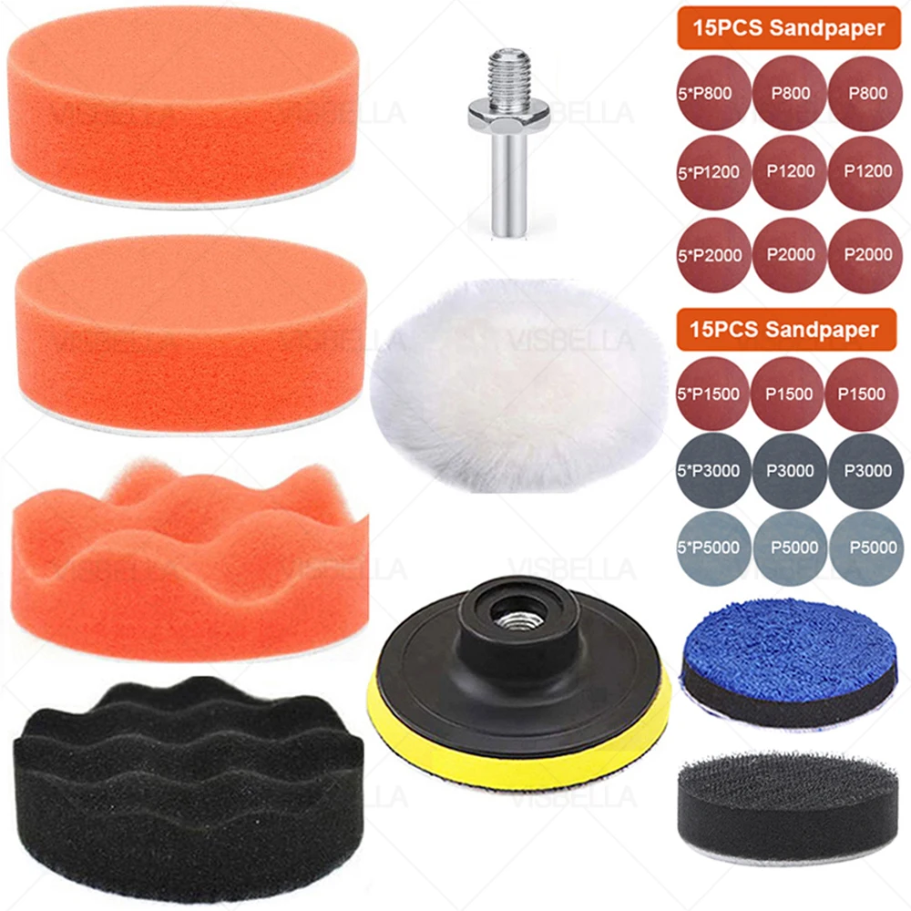 3Inch Car Polishing Disc Self-Adhesive Polishing Pad Buffing Waxing Sponge Kit Headlight Wheel Repair for Polisher Drill Adapter