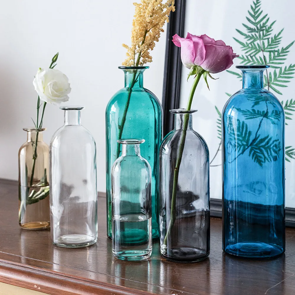 Nordic New Colored Glass Vase Transparent Small Mouth Flower Ornaments Hydroponic Living Room Ornaments Crafts