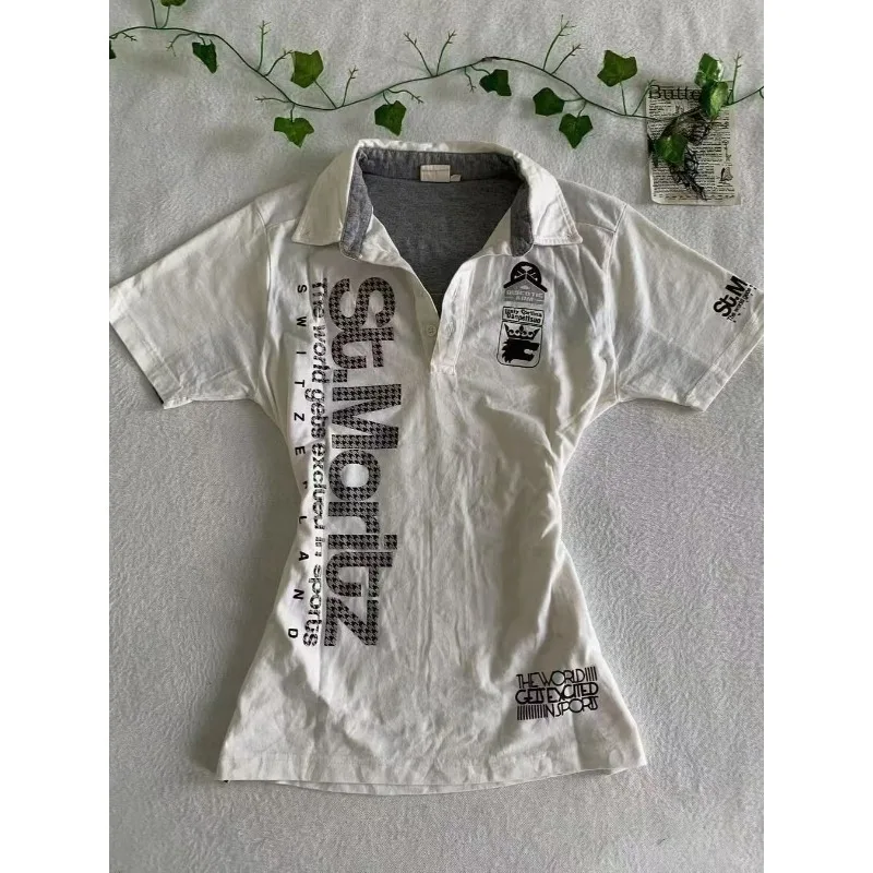 

Футболка Y2k Поло Гот Панк Винтаж 2000-х годов с буквенным принтом Тонкая футболка с коротким рукавом Эстетическая уличная одежда Haraiuku Летняя шикарная футболка в стиле гранж Emo