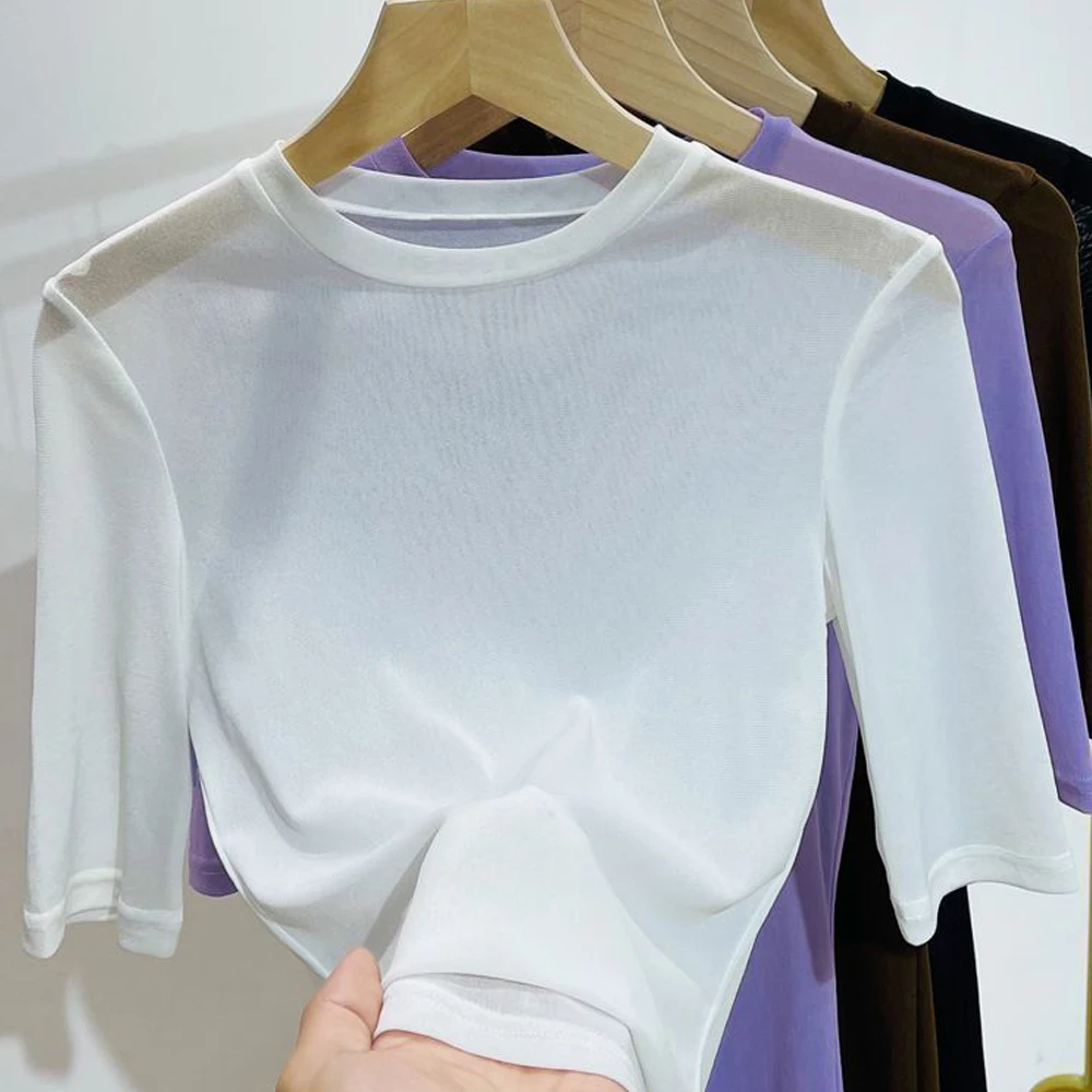 Transparente halbe Ärmel O-Ausschnitt dünne T-Shirt Frauen 4 Farben Größe s m l xl bunte Mesh o Hals weibliche Blusen Kurzarm Tops