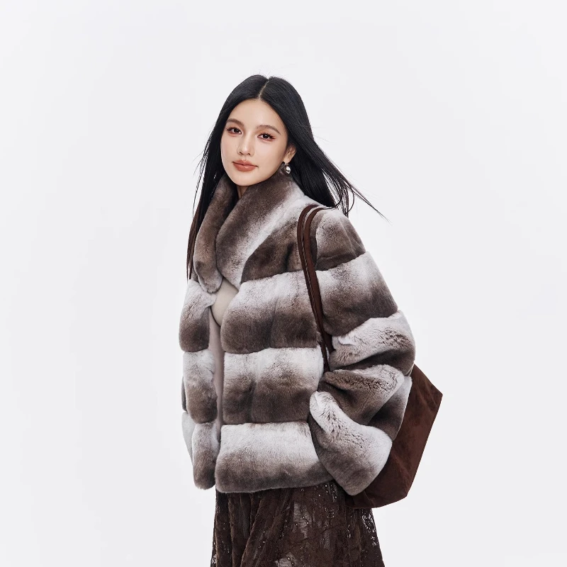 YOLANFAIRYchinchilla pelle di coniglio vera pelliccia collo cappotti donna inverno Pelliccia intera integrata manica lunga giacca di pelliccia stile semplice2025