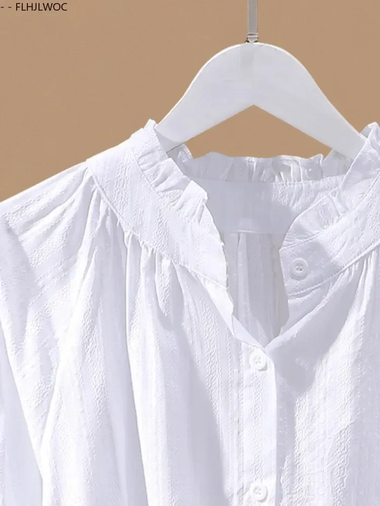 Chemises à boutons blancs, nouveau Design, mignon et doux pour filles et femmes, printemps été, longs volants, mélange de coton, hauts, 2025