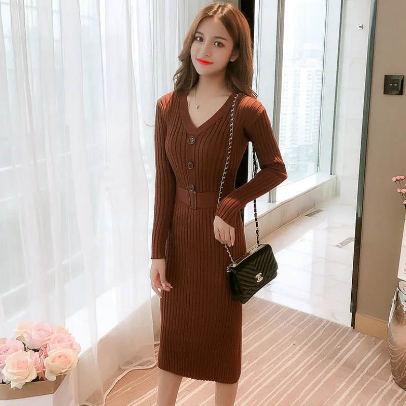 Female Dress Cover Up Knitted V Neck Crochet Midi Womens Dresses 2024 Clothing Knee Length Y2k Trendy Knit Autumn and Winter Hot