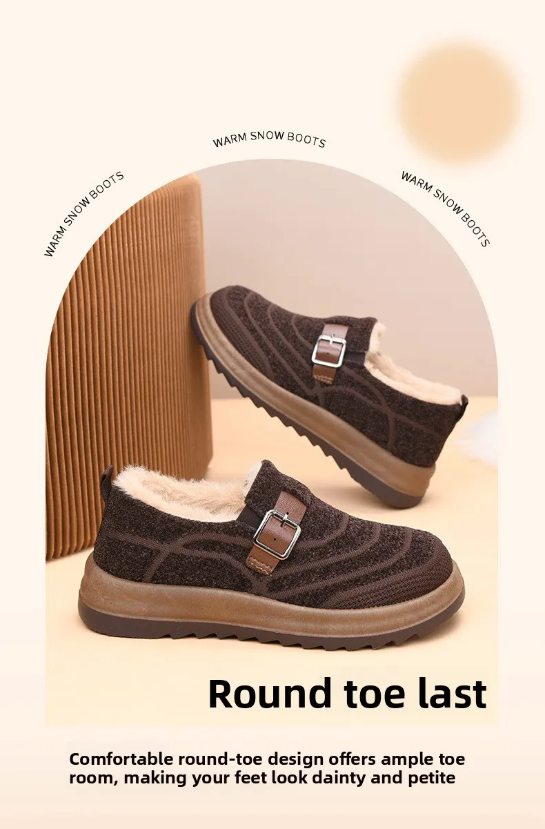 Damen-Winter-Loafer mit Fleecefutter, warme Slipper aus Strickstoff, rutschfeste Freizeitschuhe mit Schnallenriemen und dicker Plattformsohle – Detail 3
