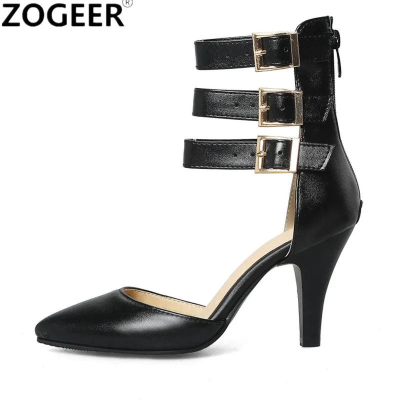 Sandalias de verano de talla grande 46 para mujer, botines sexis de tacón alto con tiras en punta, botines de gladiador con hebilla roja y negra, zapatos de fiesta y boda