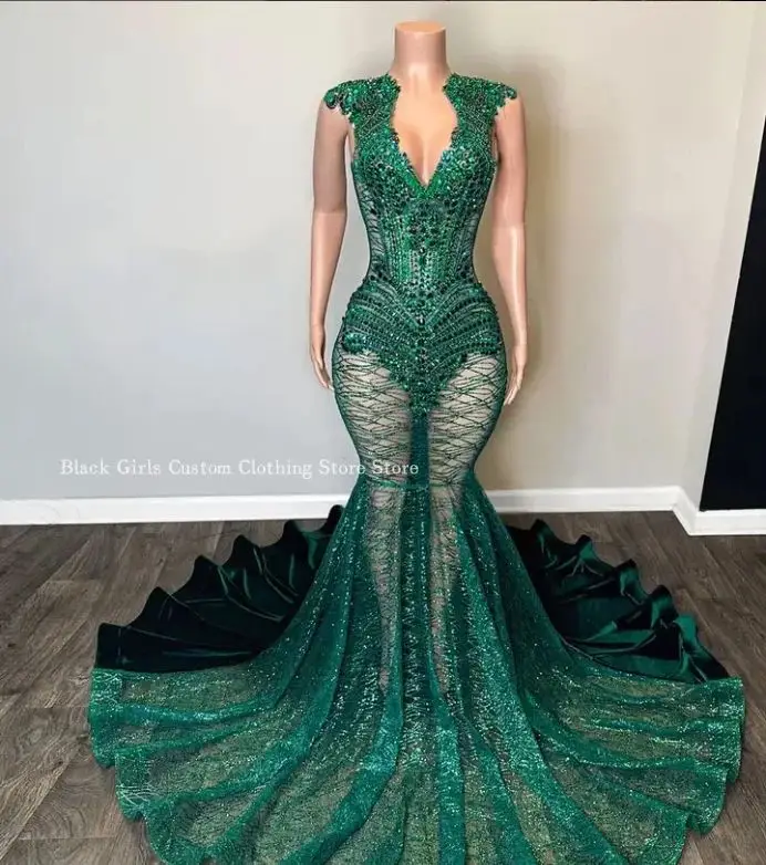 فستان مثير بحورية البحر باللون الأخضر من هنتر للنساء رائع بياقة على شكل V وحجر الراين الكريستالي شفاف من خلال السهرة فيستدو دي فيستا مخصص