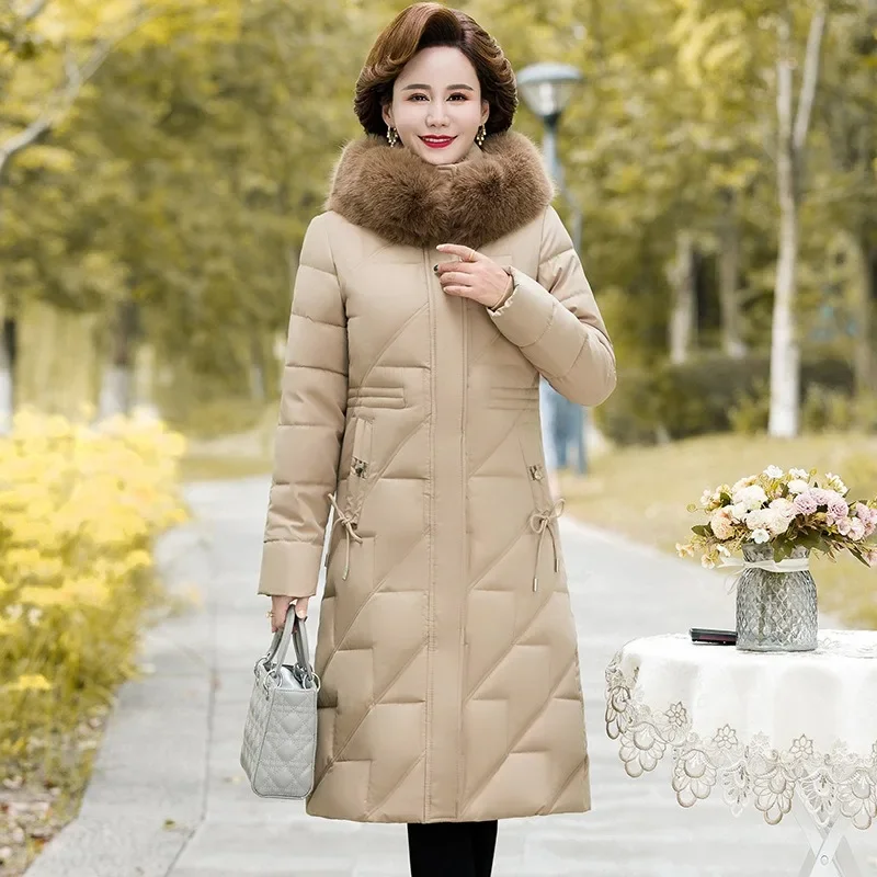 

Khaki Medium and Long Thickened Mother Winter Jacket Women Big Fur Collar Hooded Casual Outwear Female Large Size Cotton-padded