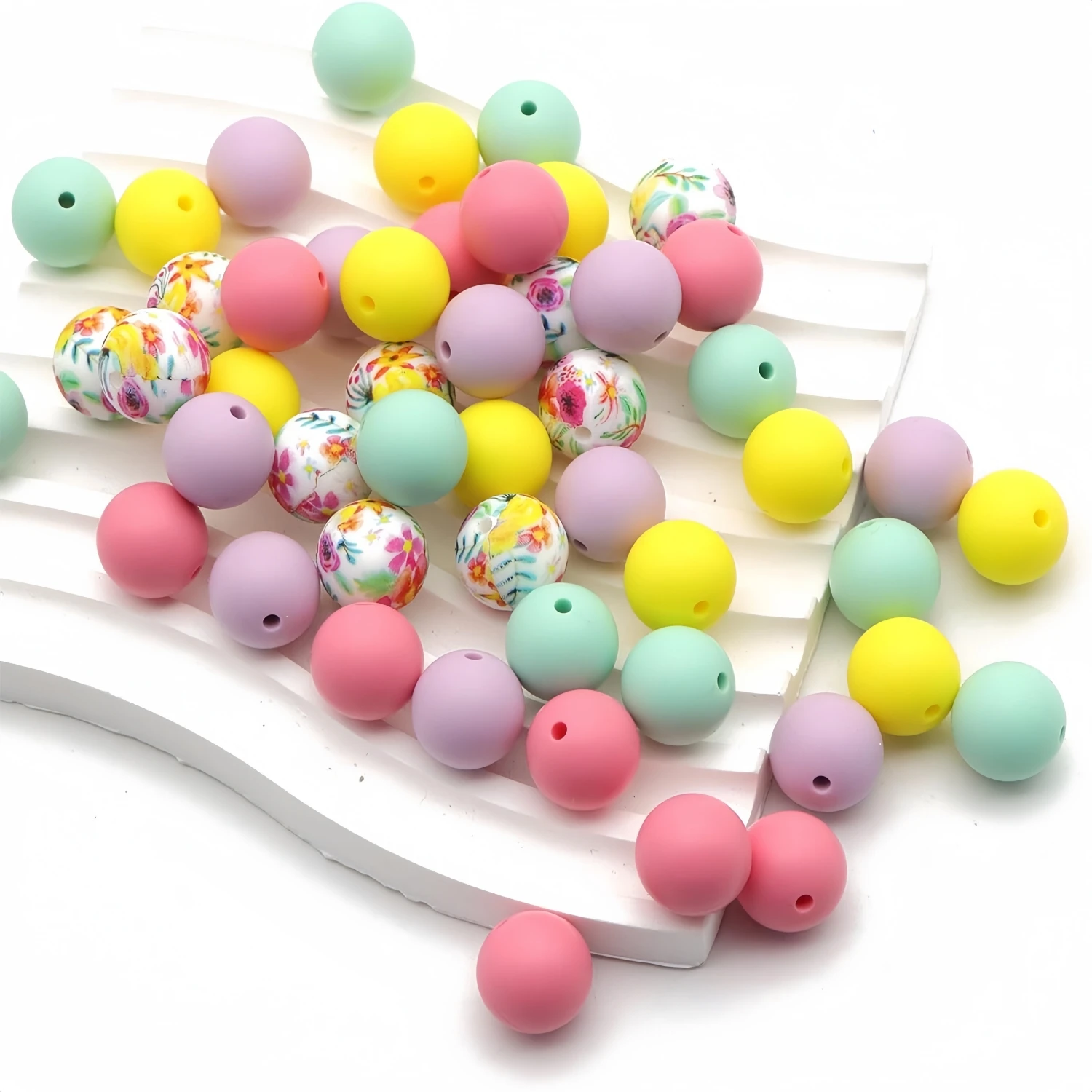 Floral Pattern Silicone Beads 15mm Silicone Beads Loose Round Silicone Beads Keychain Pen Tie Bangle Necklace Jewelry Making DIY Craft 50pcs