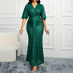 Women'S Fashion Sequins Dresses Pleated Sexy Wrap Hip Cocktail Dress Deep V-Neck Evening Party Dresses 2024 Wedding Guest Gowns