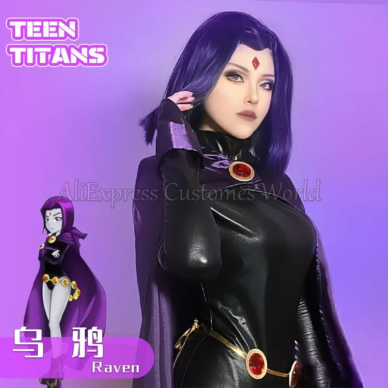 Anime teentitans Raven cosplay costume, deluxe jumpsuit belt with purple cloak Halloween uniform cosplay costume for women kids