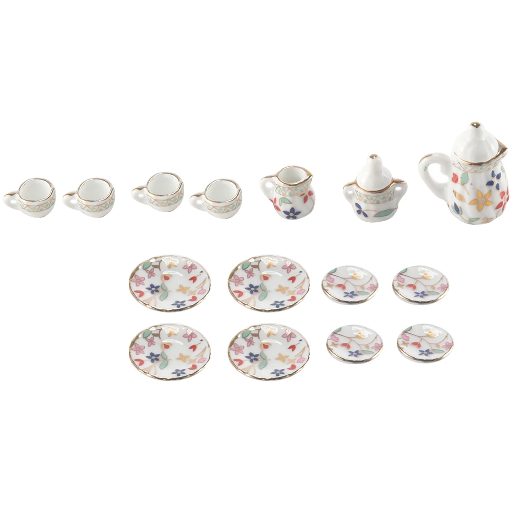 15 Piece Miniature Dollhouse dinnerware porcelain tea set tableware Cup plate Colorful floral print