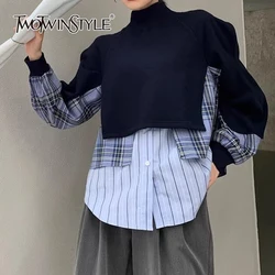 TWOTWINSTYLE Streetwear Colorblock Striped Sweatshirt For Women Stand Collar Long Sleeve Spliced Button Loose Sweatshirts Female