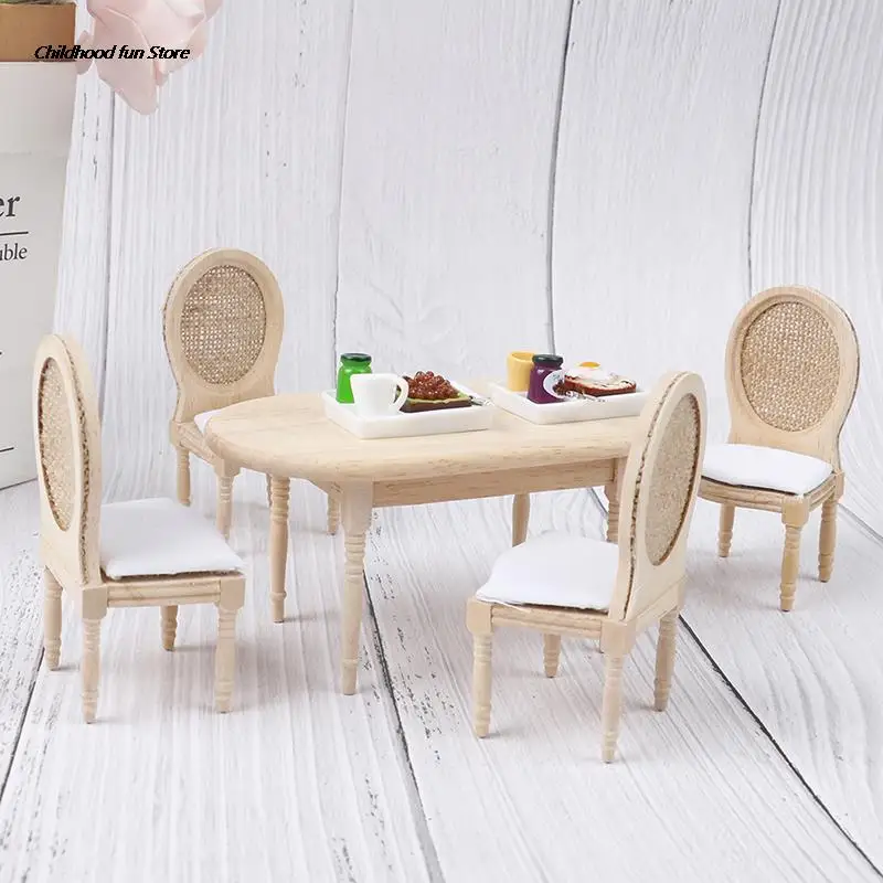Juego de mesa de comedor de madera en miniatura para casa de muñecas, muebles de cocina, juguete, 1:12, 5 piezas por juego