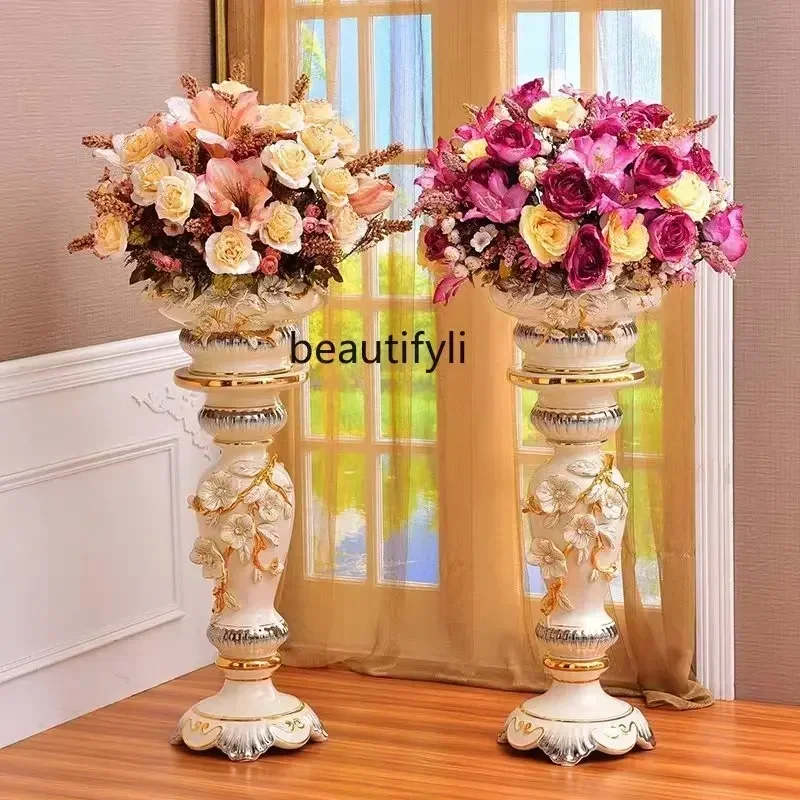 

European-Style Floor Vase Large Ornaments Ceramic Living Room Dried Flowers Flower Arrangement Set Home Decoration