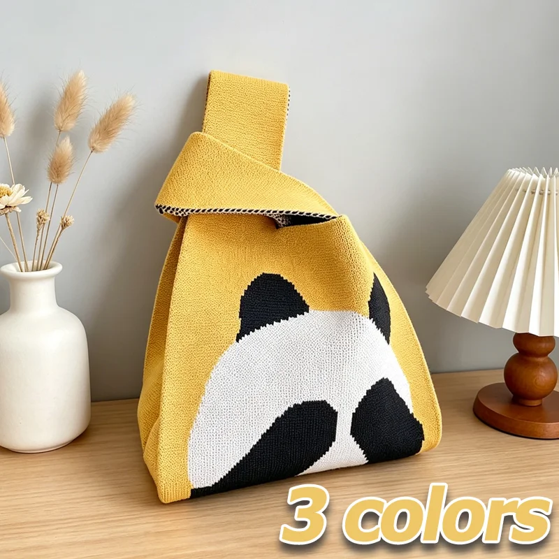 Handmade Knit Knot Wrist Bag Reusable Casual Bow Tie Knot Wrist Tote Fashion Shopping Handbag 20x36cm Knitted Bag