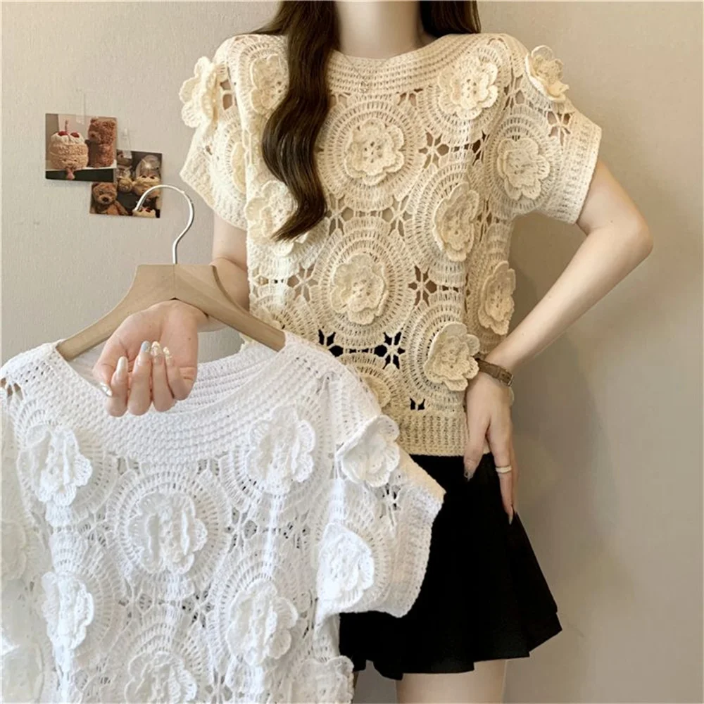 

Вязаный крючком свитер, пуловер, лето-весна 2022, полые вязаные топы с цветочным принтом, корейская мода, элегантный винтажный женский пуловер, рубашка, топы