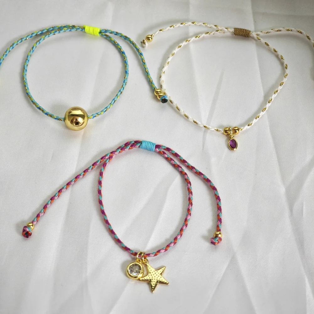 5 pcs/lot 2024 Latest Rope Braided Bracelet Gold Plated Brass Custom Star Zircon Charm Pendant Adjustable Bracelets