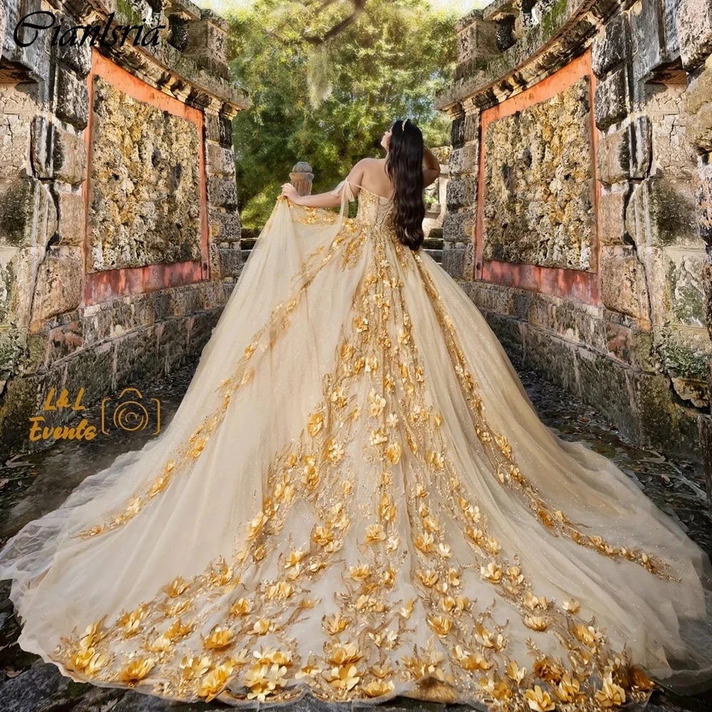 

Gold Off The Shoulder Beading Sequined Ball Gown Quinceanera Dresses 3D Flowers Appliques Lace Corset Vestidos De 15 Años