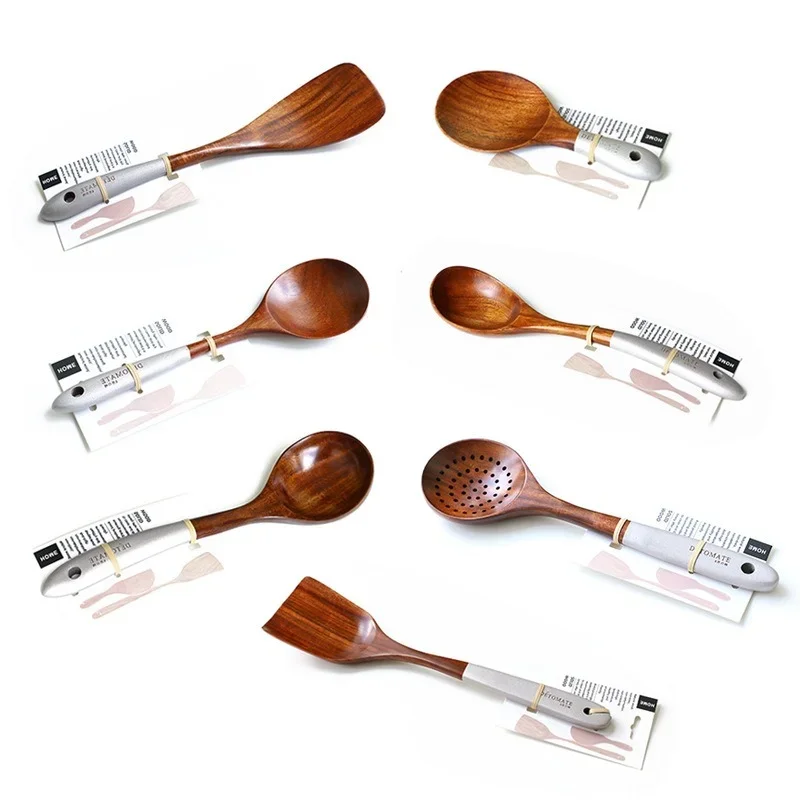 Vajilla de madera Natural de teca tailandesa, cuchara, cucharón, colador de arroz largo, espumadera de sopa, cucharas de cocina, juego de herramientas de cocina
